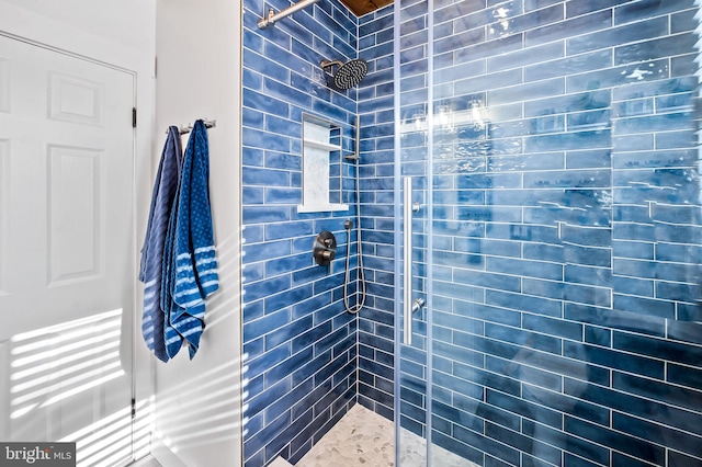 bathroom with a shower with shower door