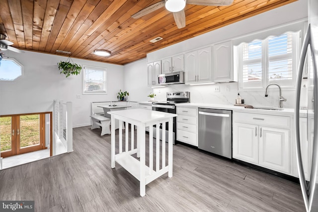 kitchen with white cabinetry, sink, wood ceiling, and appliances with stainless steel finishes