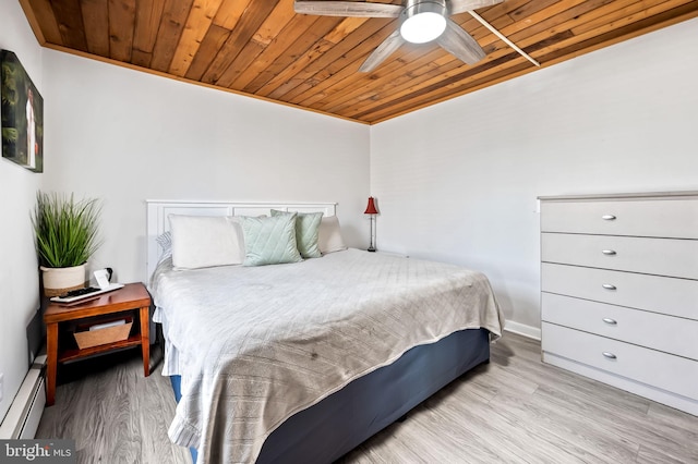 bedroom with baseboard heating, ceiling fan, light hardwood / wood-style flooring, and wood ceiling