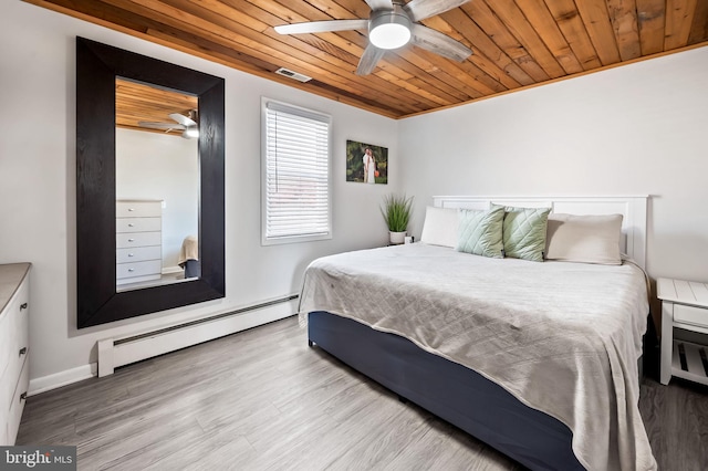 bedroom with ceiling fan, a baseboard heating unit, crown molding, hardwood / wood-style floors, and wood ceiling