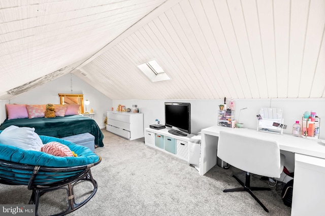 bedroom featuring light colored carpet, wooden ceiling, and vaulted ceiling with skylight