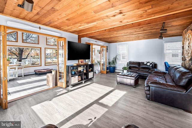 living room featuring light wood-type flooring, plenty of natural light, and wood ceiling