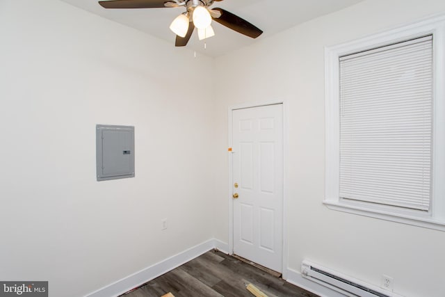 spare room with ceiling fan, dark hardwood / wood-style flooring, electric panel, and a baseboard heating unit