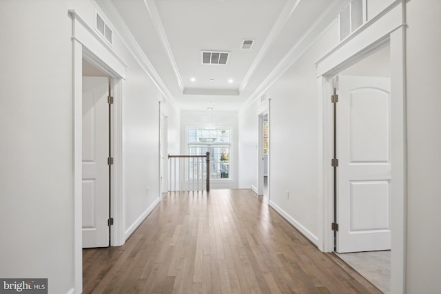 hall featuring a tray ceiling, hardwood / wood-style floors, and ornamental molding