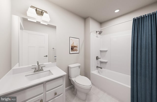 full bathroom featuring vanity, toilet, tile patterned floors, and shower / bathtub combination with curtain