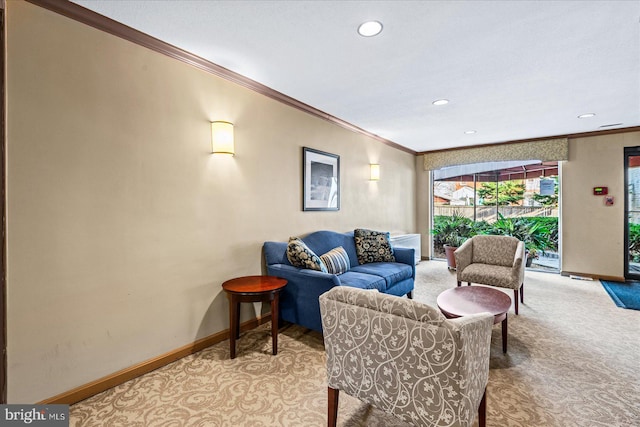 carpeted living room with crown molding