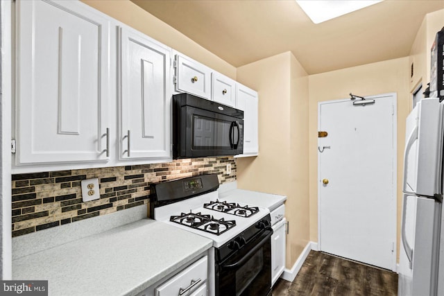 kitchen featuring black appliances, dark hardwood / wood-style floors, white cabinets, and backsplash