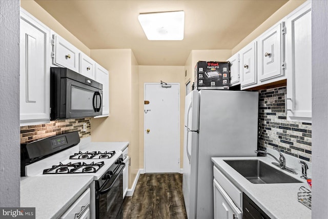 kitchen featuring white cabinetry, sink, dark wood-type flooring, backsplash, and black appliances