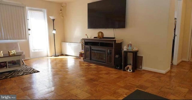 living room featuring parquet floors and a fireplace