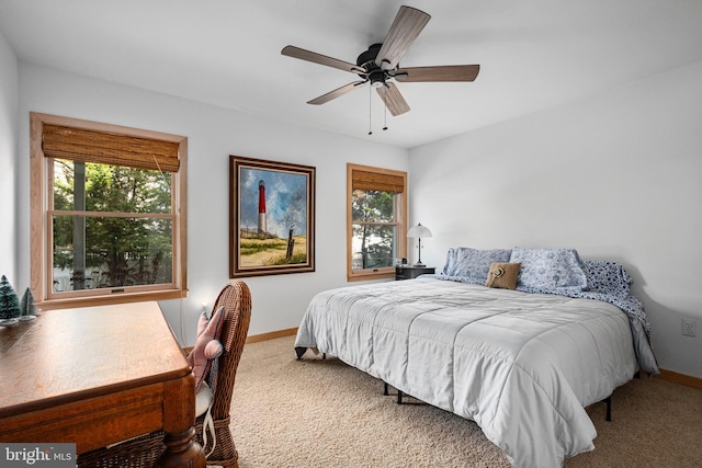 bedroom with carpet floors, multiple windows, and ceiling fan