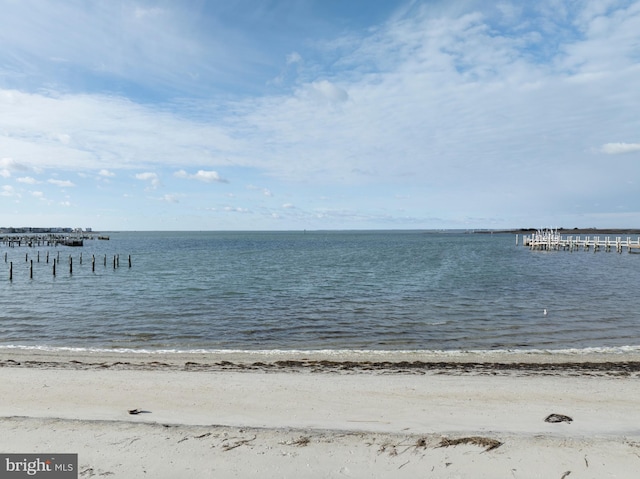 view of water feature with a beach view