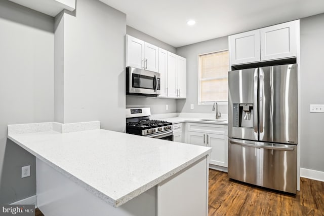 kitchen featuring kitchen peninsula, dark hardwood / wood-style flooring, stainless steel appliances, sink, and white cabinets