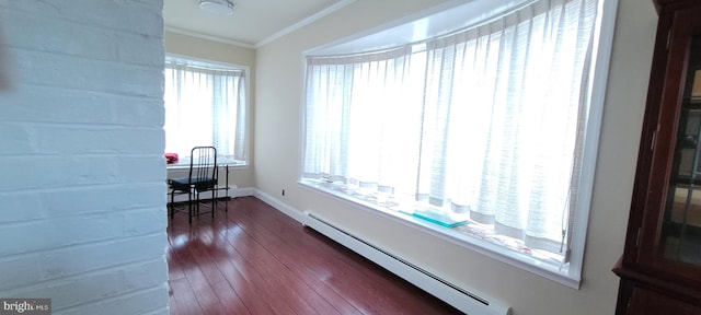 interior space with ornamental molding, a baseboard radiator, and dark wood-type flooring