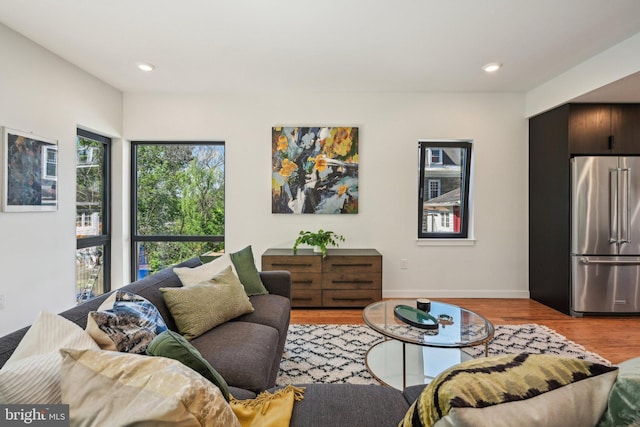 living area featuring wood finished floors, baseboards, and recessed lighting