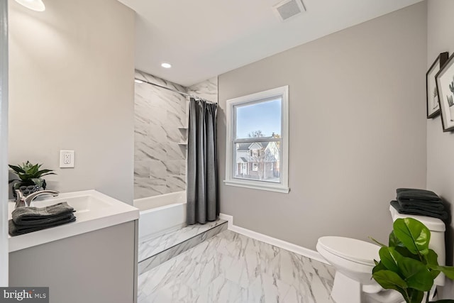 full bathroom featuring vanity, toilet, and shower / bath combo with shower curtain