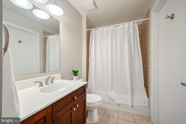 full bathroom with tile patterned flooring, vanity, toilet, and shower / bathtub combination with curtain