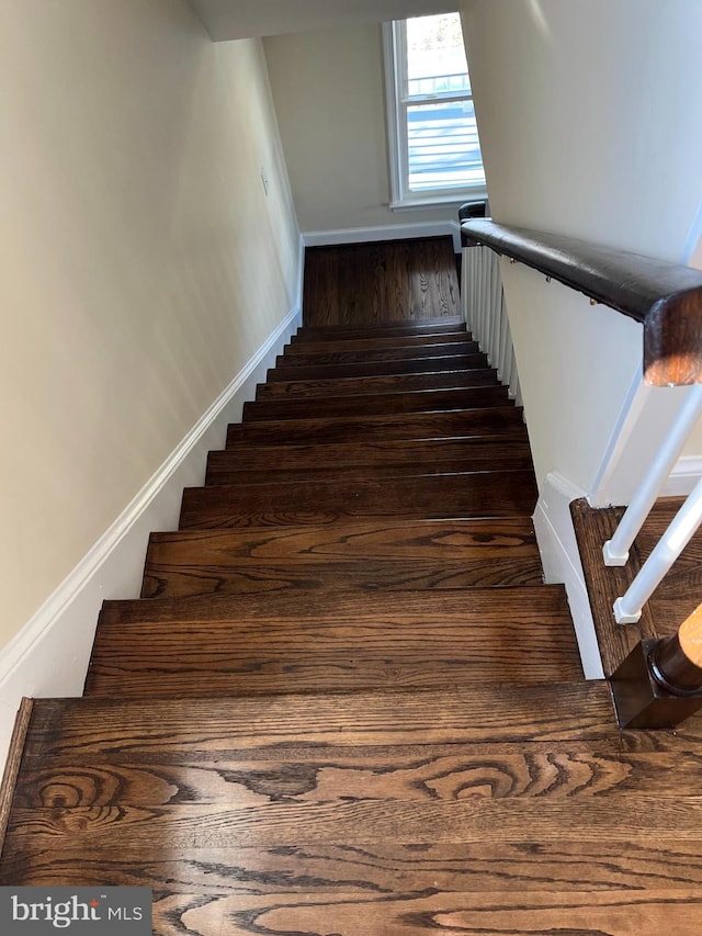 stairway featuring wood finished floors