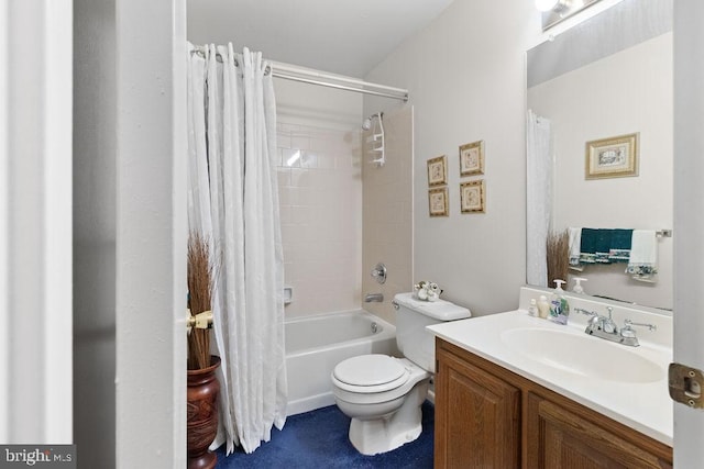 full bathroom with shower / bath combination with curtain, toilet, and vanity