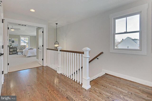 staircase with wood-type flooring and an inviting chandelier