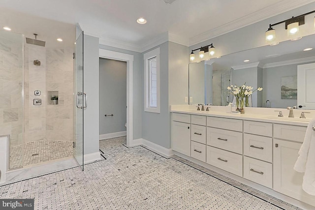 bathroom featuring vanity, ornamental molding, and walk in shower