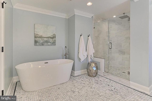 bathroom featuring plus walk in shower and ornamental molding