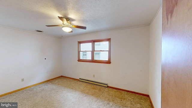 empty room with a textured ceiling, ceiling fan, crown molding, and baseboard heating