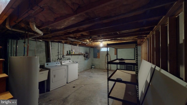 basement with washing machine and dryer, electric water heater, and electric panel