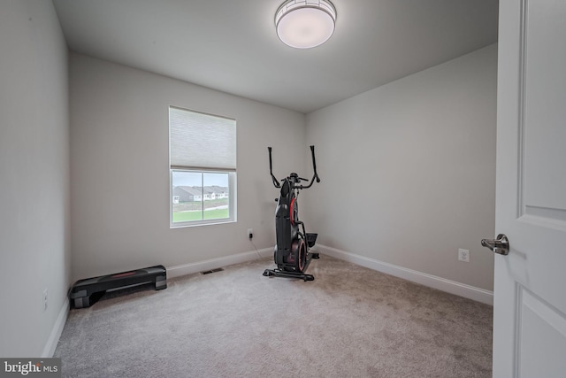 exercise room featuring light colored carpet