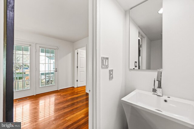 bathroom with wood-type flooring and sink