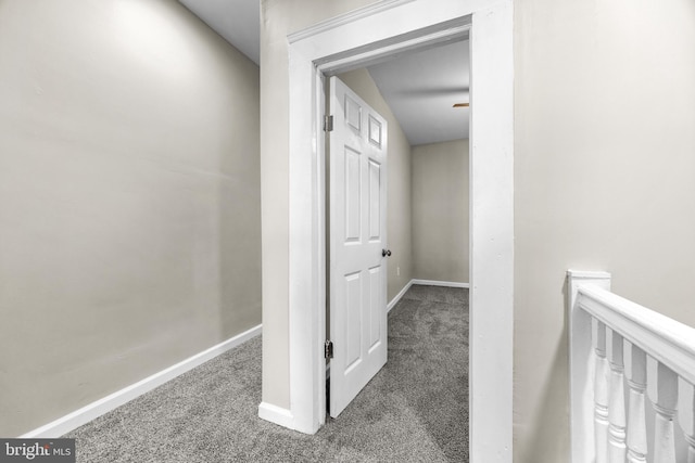 hall with carpet and lofted ceiling