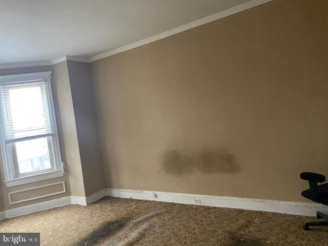 carpeted spare room featuring crown molding