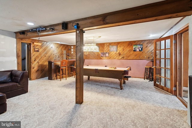 recreation room featuring wooden walls, carpet, and pool table