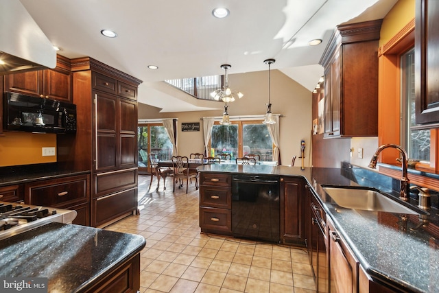 kitchen with sink, black appliances, light tile patterned floors, a chandelier, and hanging light fixtures