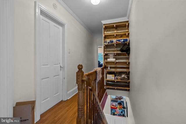 corridor featuring light hardwood / wood-style flooring and ornamental molding