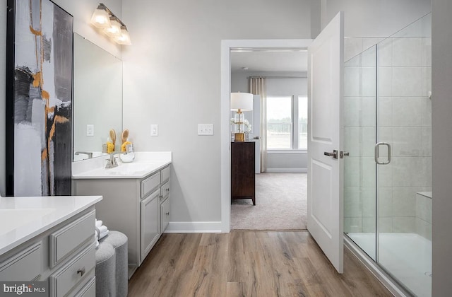 bathroom with vanity, a shower with door, and hardwood / wood-style flooring