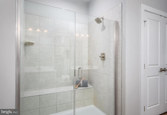 bathroom featuring a shower with door