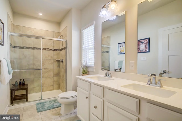 bathroom featuring toilet, tile patterned flooring, vanity, and walk in shower