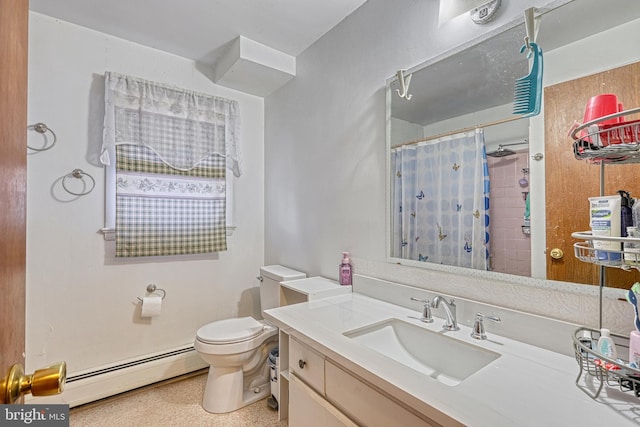 bathroom featuring a shower with curtain, toilet, vanity, and a baseboard heating unit