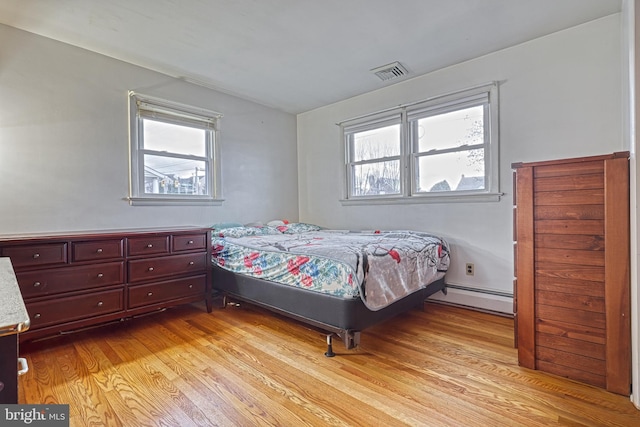 bedroom with a baseboard radiator, light hardwood / wood-style flooring, and multiple windows