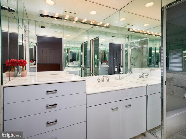 bathroom featuring vanity and plus walk in shower