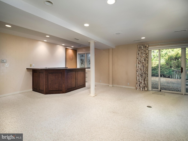 bar featuring light carpet