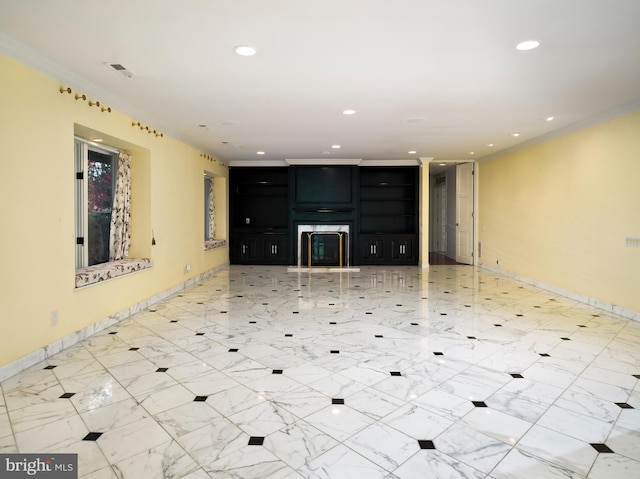 unfurnished living room with crown molding