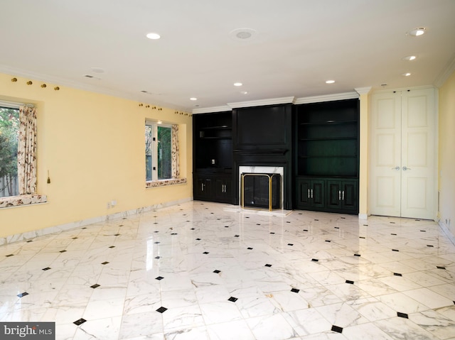 unfurnished living room with ornamental molding