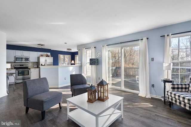 living room with dark hardwood / wood-style floors and a healthy amount of sunlight