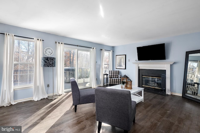 living room featuring a wealth of natural light and dark wood-type flooring