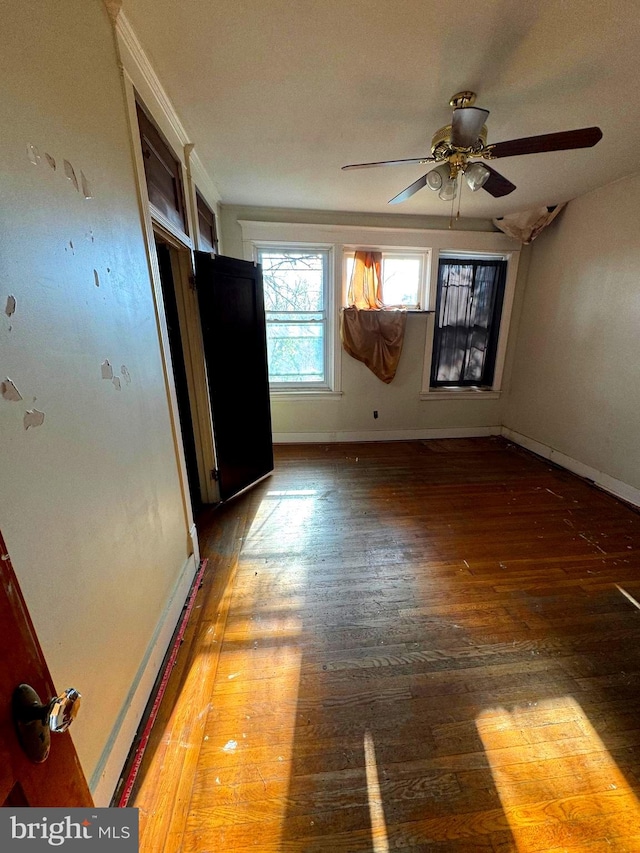 spare room with ceiling fan and dark hardwood / wood-style flooring