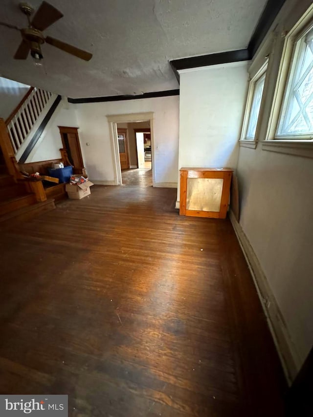 interior space with a textured ceiling, ceiling fan, dark hardwood / wood-style flooring, and crown molding