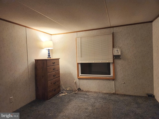 unfurnished bedroom with carpet flooring, crown molding, and a textured ceiling