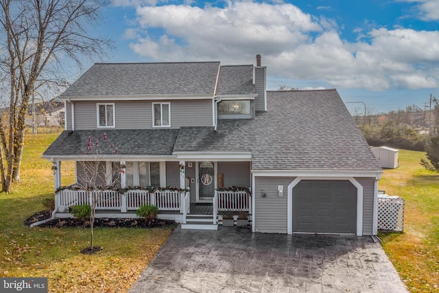 view of front of home featuring a garage, covered porch, and a front lawn