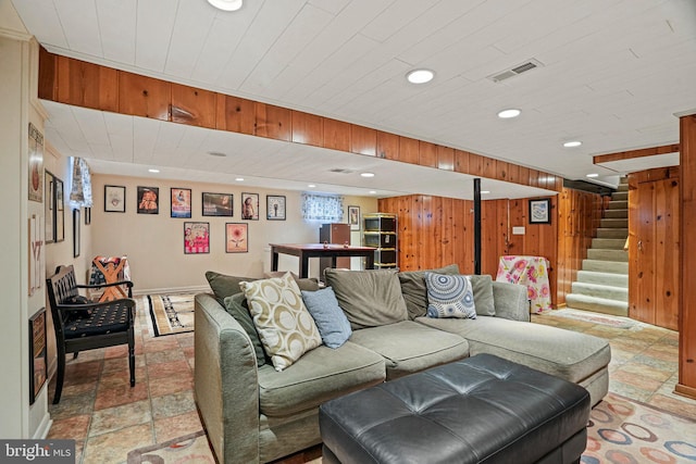 10501 Glenhaven Dr, Silver Spring, MD 20902 - living room featuring stone tile floors, wood walls, stairway, recessed lighting, and wood ceiling